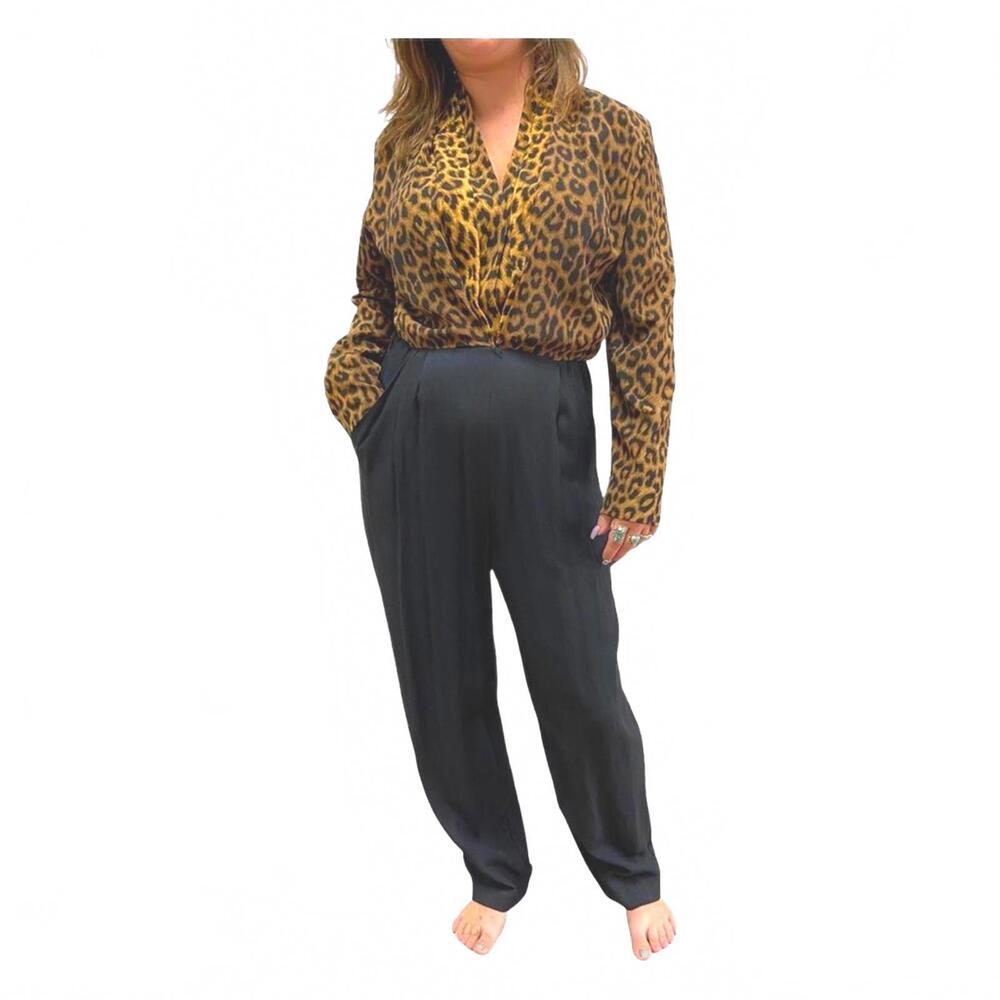 Vintage 90s Casual Corner Leopard Print Crepe Long Sleeve Jumpsuit 8